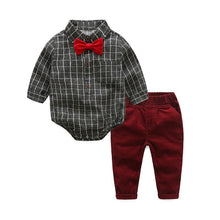 Load image into Gallery viewer, Kids Clothes Four Seasons GM Long Cotton Gray Plaid Two-piece Boy Shirt and Pants Handsome Kids Costume Boys Christmas Clothes