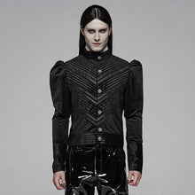 Load image into Gallery viewer, PUNK RAVE Men's Gothic Black Stripe Velvet Stitching Bubble Sleeve Short Shirt Party Club Halloween Christmas Dress Shirt Tops