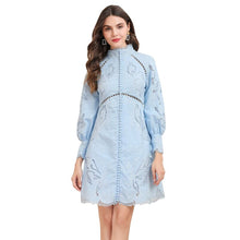 Load image into Gallery viewer, blue linen lace trims high neck long sleeved slim short dress see through hollow out short woman winter dress retro shirt dress
